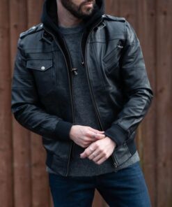 Men’s Black Bomber Leather Jacket with Hood