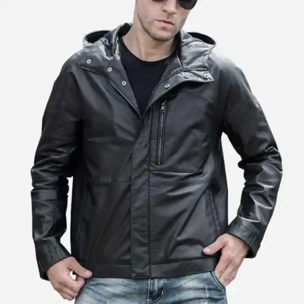 Men's Leather Black Hooded Jacket Real Cowhide Leather