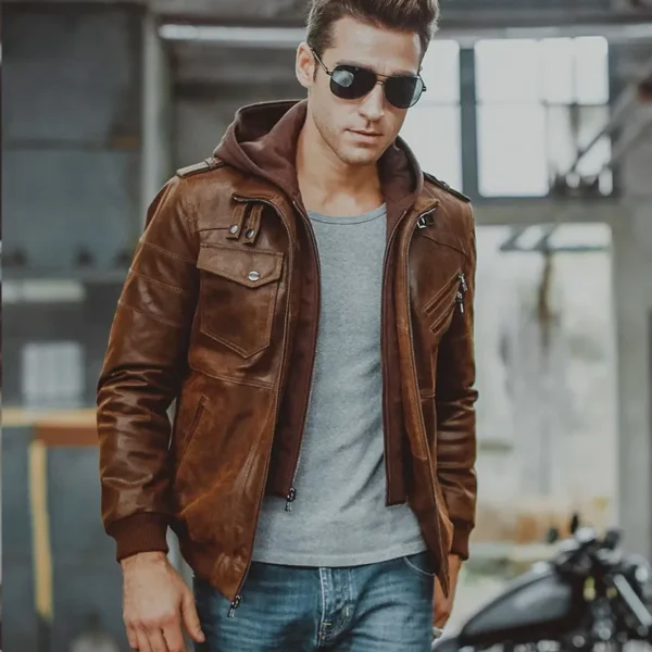 Men’s Motorcycle Brown Bomber Jacket with Removable Hood