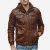 Men’s Motorcycle Brown Bomber Jacket with Removable Hood