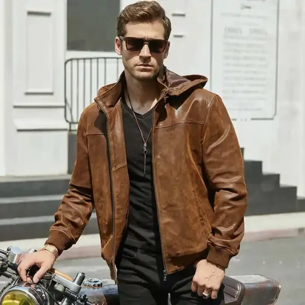 Motorcycle Bomber Leather Jacket Mens With A Hood