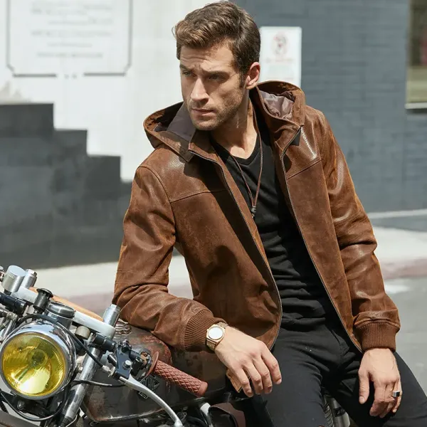 Motorcycle Bomber Leather Jacket Mens With A Hood