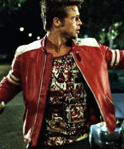 Fight Club Brad Pitt Mayhem Red Leather Jacket Men