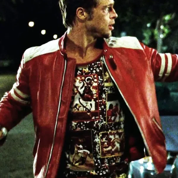 Fight Club Brad Pitt Mayhem Red Leather Jacket Men
