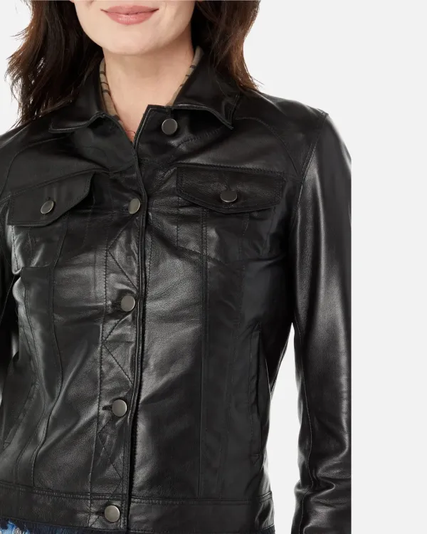 Alexa Black Leather Trucker Jacket