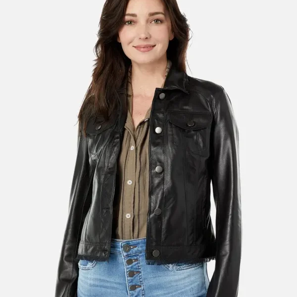 Alexa Black Leather Trucker Jacket