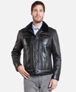 Calvin Mens Black Trucker Sheepskin Shearling Leather Jacket