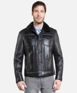 Calvin Mens Black Trucker Sheepskin Shearling Leather Jacket