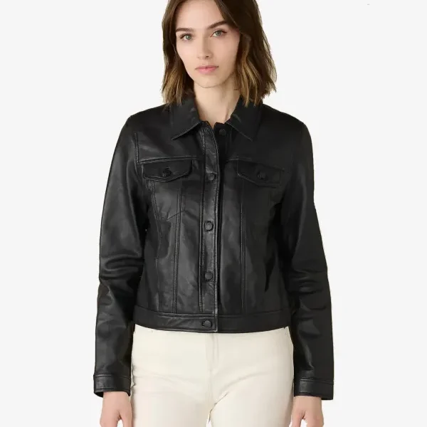 Denise Women's Black Trucker Leather Jacket