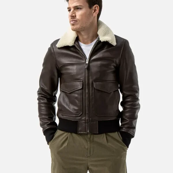 Levi Beige Shearling Fur Collar Brown Leather Jacket