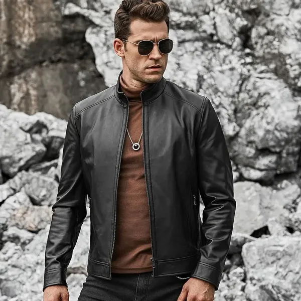 Men’s Real Black Leather Jacket with Short Standing Collar