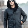 Mens Black Hooded Trench Leather Jacket
