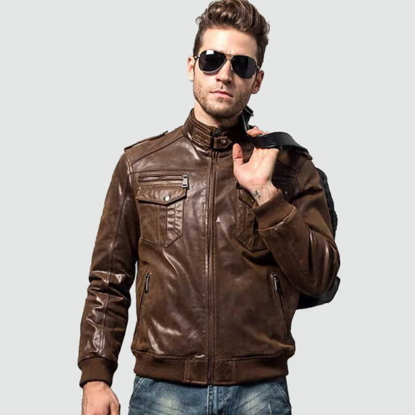Men's Brown Bomber Leather Jacket With Rib Collar