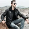 Men’s Shearling Leather Coat with Turn Down Collar