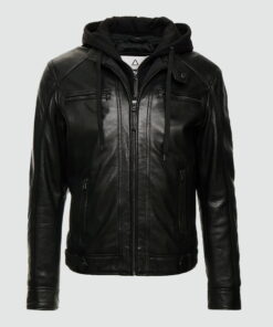 Nils Biker Black Hooded Leather Jacket Mens