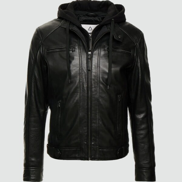 Nils Biker Black Hooded Leather Jacket Mens