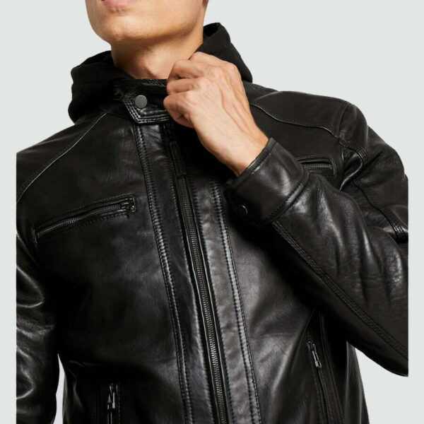 Nils Biker Black Hooded Leather Jacket Mens