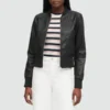 Women's Black Ribbed Cuff Bomber Leather Jacket