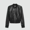 Women's Black Ribbed Cuff Bomber Leather Jacket