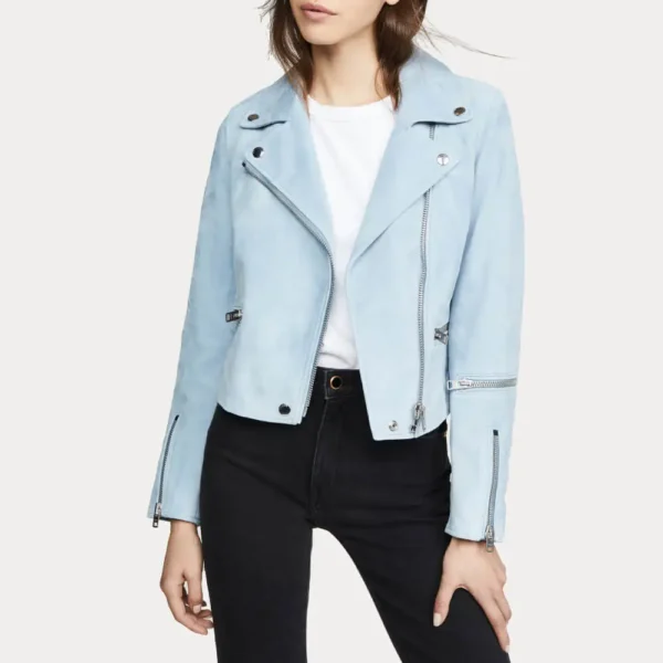 Women Pale Blue Suede Leather Jacket